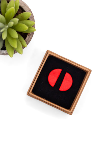 Red circular earrings in a wooden box with a succulent plant on a white background